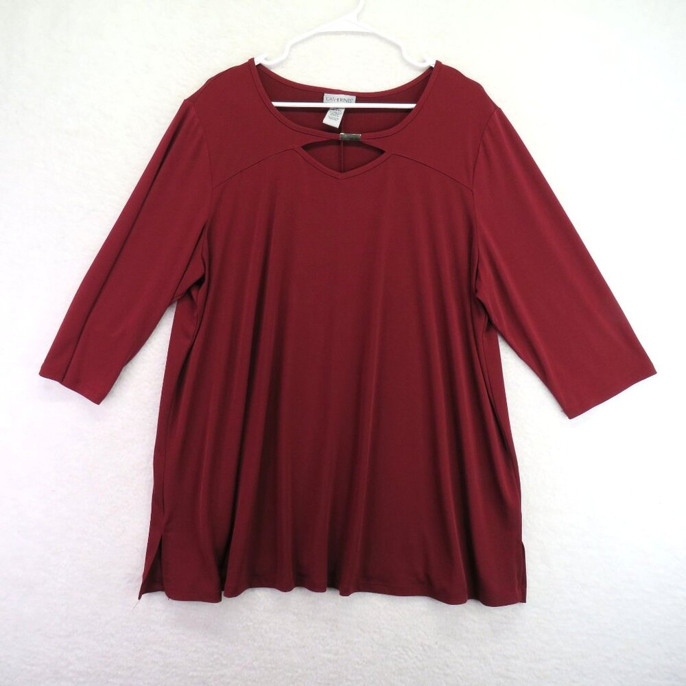 Catherines Shirt Womens Size 1X Red 3/4 Sleeve Tunic Top V Neck Embellished